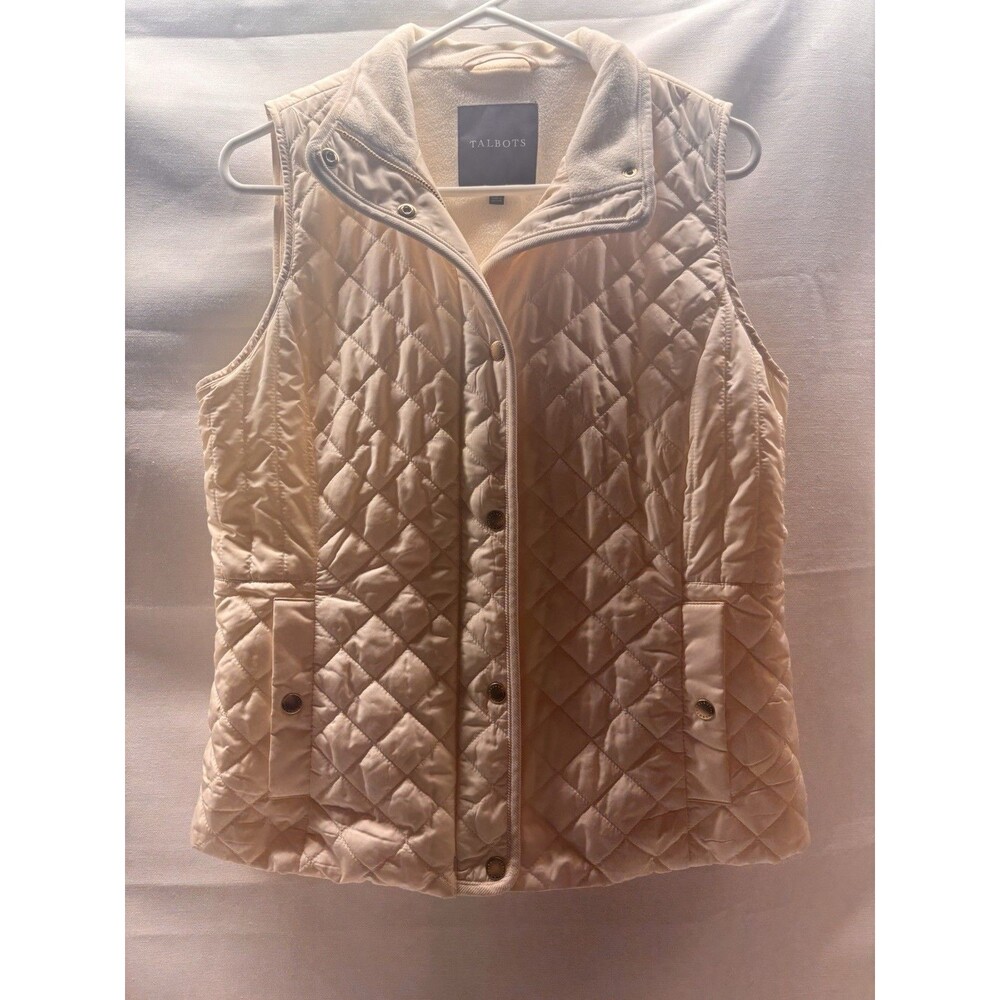 Talbots Women’s Quilted Vest Small Cream Fleece Lined Snap Front Pockets